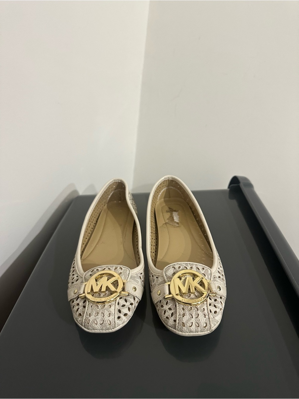 Michael Kors Ivory Perforated Logo Flats with Gold MK Accent